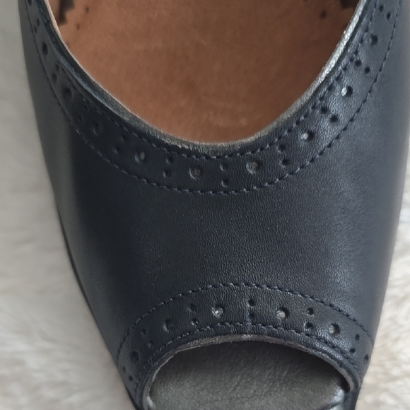 Clarks NavyLeather Heeled Peep-Toe Shoes with Adjustable Strap - Picture 6 of 12